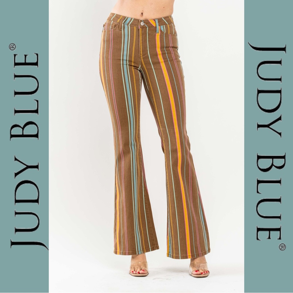 Judy Blue Brown Multi-Stripe Flare Jeans, Size 14